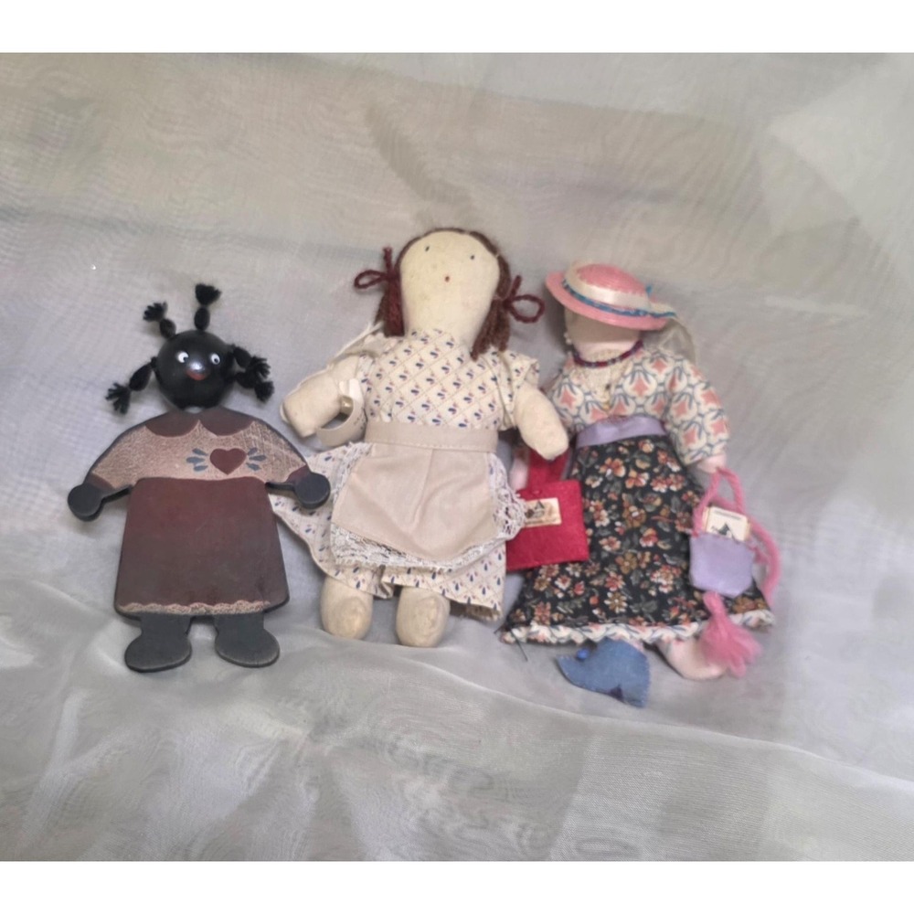 Lot of 3 Handmade Rag Dolls Folk Art Primitive Cloth & Wood Dollâ Figures Haiti